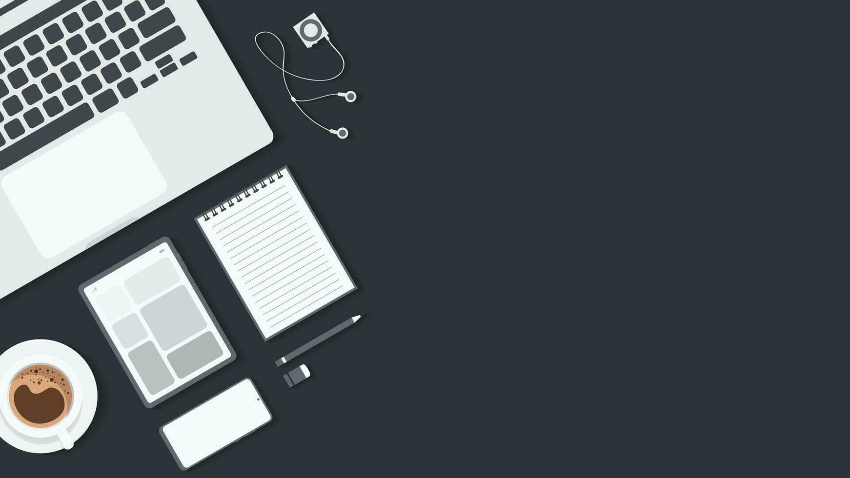 cover-and-banner-of-working-desk-with-gadget-top-view-of-table-working-and-free-space-for-text-with-computer-laptop-notebook-coffee-cup-phone-and-paper-vector